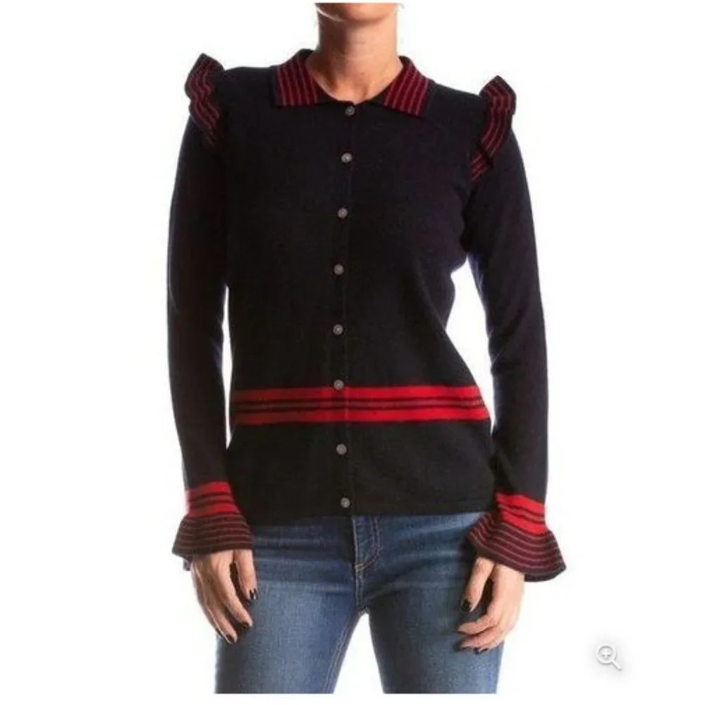 Madeleine Thompson 100% Cashmere Cardigan Blue Red Striped Ruffles size Medium